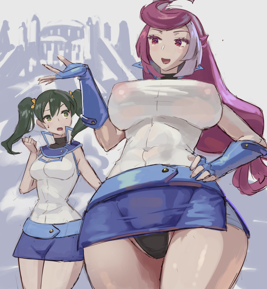 2girls alternate_costume belt big_breasts breasts emma_bessho erect_nipples erect_nipples_under_clothes erection_under_clothes female female_only gloves green_hair hi_res kazo panties purple_eyes purple_hair skirt twintails two_tone_hair white_hair yu-gi-oh! yu-gi-oh!_vrains