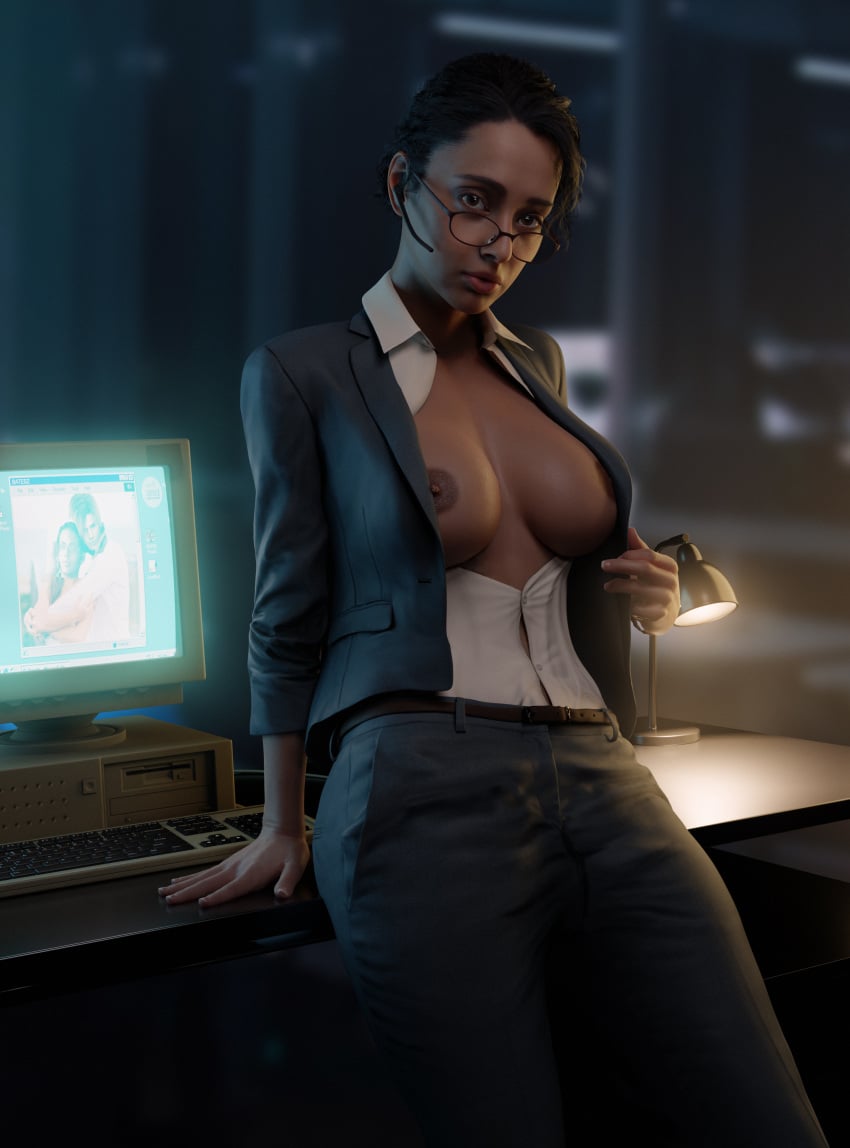 1girls 3d areolae batesz blender breasts capcom curvy dark-skinned_female dark_skin female female_only glasses ingrid_hunnigan large_breasts looking_at_viewer nipples open_jacket pant_suit resident_evil resident_evil_4 resident_evil_4_remake solo suit suit_jacket suit_pants