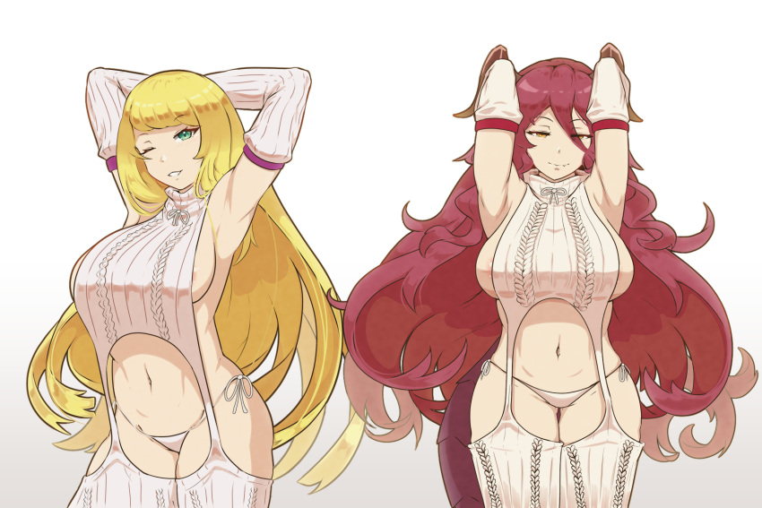 2girls armpits arms_up blonde_hair breasts chelle chelle_(dragalia_lost) cygames dragalia_lost dragon_girl dragon_tail female female_only green_eyes hexel hexel_chan hips horns large_breasts long_hair multiple_girls mym mym_(dragalia_lost) nintendo partially_clothed red_hair sideboob smile smug smug_face tail thighs virgin_destroyer_sweater wink winking winking_at_viewer