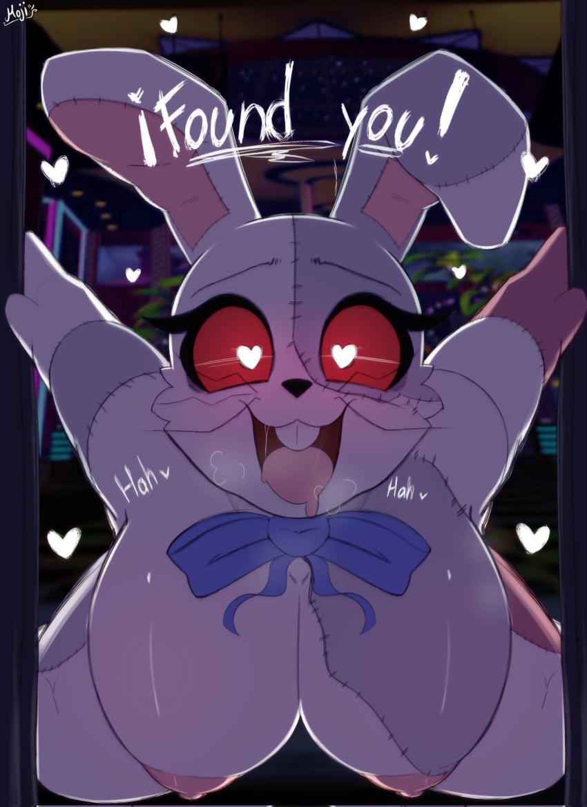 1girls big_breasts black_nose blue_bowtie bowtie breasts buckteeth bunny_costume bunny_ears bunny_girl bunnysuit cute drooling eyelashes female five_nights_at_freddy's five_nights_at_freddy's:_security_breach fur furry heart heart-shaped_pupils horny horny_female looking_at_viewer mojiuwu mouth_open nipples on_knees pink_nipples rabbit red_eyes smile smiling smiling_at_viewer solo stitches text vanny_(fnaf) video_games whiskers white_body white_fur