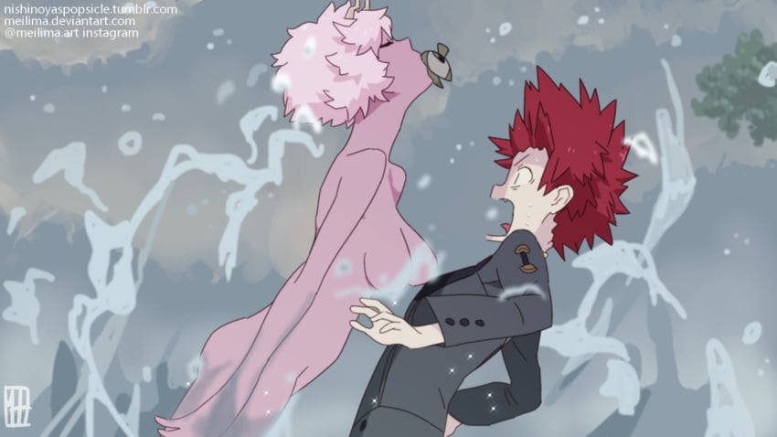 1boy 1girls artist_request darling_in_the_franxx eijirou_kirishima fanon_couple female mina_ashido my_hero_academia nude nude_female nude_female_clothed_male pink_hair pink_skin red_hair screencap_redraw shocked_expression source_request surprised surprised_expression tracing water