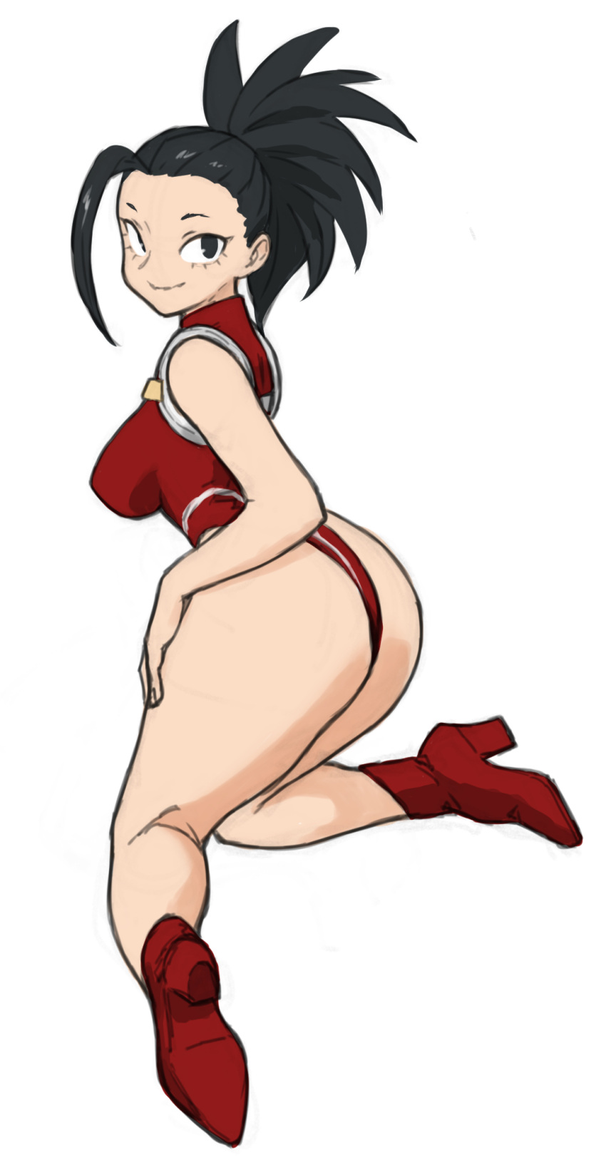 1girls ass black_hair female leotard momo_yaoyorozu my_hero_academia ponytail presenting_hindquarters smile solo_female thick_thighs toshinoshin00