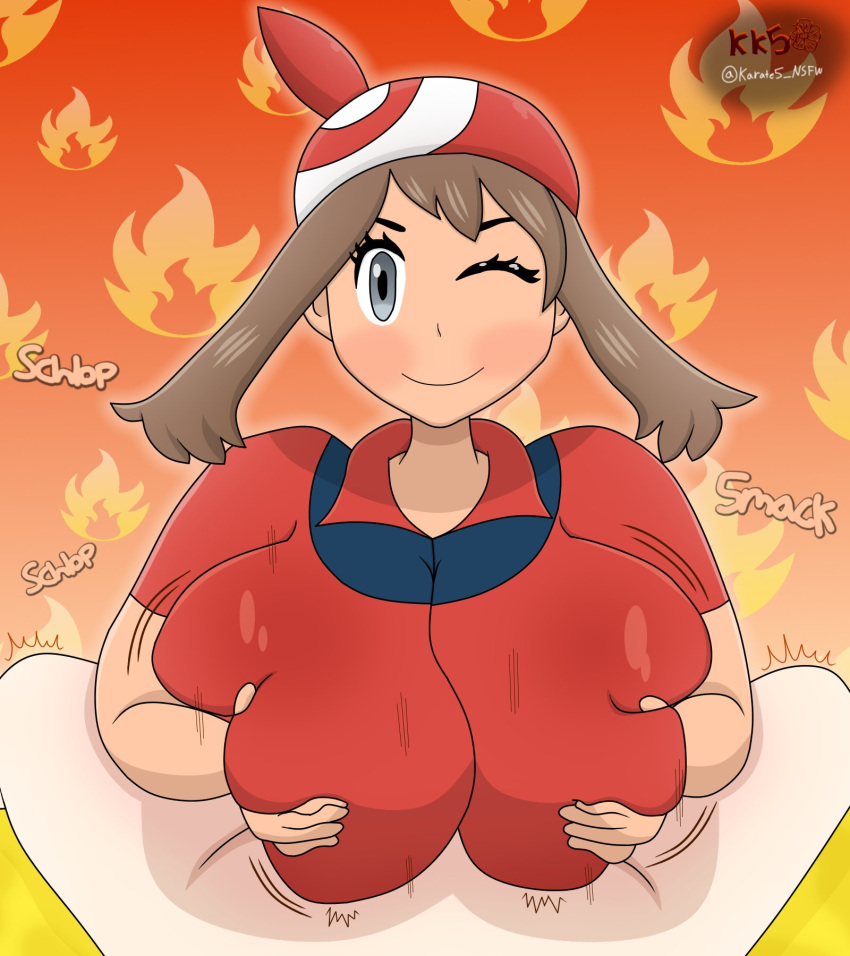 1boy 1girls alolanfirestone alternate_breast_size bandana big_breasts breast_grab breast_hold breast_squeeze breast_squish breasts brown_hair color english_text happy happy_paizuri happy_sex huge_breasts large_breasts looking_at_viewer may_(pokemon) one_eye_closed paizuri paizuri_lead_by_female paizuri_on_lap pokemon pokemon_rse pov pov_eye_contact smile straight text wink