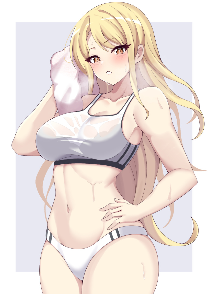 bang_dream! blonde_hair blush brown_eyes buruma collarbone commission commissioner_upload cowboy_shot female holding holding_towel kirigaya_touko long_hair micro_shorts nanao_(naoekaki25) navel shorts skeb_commission solo sports_bra steam stomach sweat towel track_and_field track_uniform transparent white_shorts white_sports_bra wiping_sweat