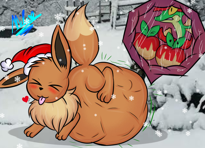 apple applin blush crotch_belly eevee feral feral_only flapple floating_heart motion_lines motion_outline pokemon pokemon_(species) real_background santa_hat snow squirming squirming_gut tagme unknown_artist vore x-ray