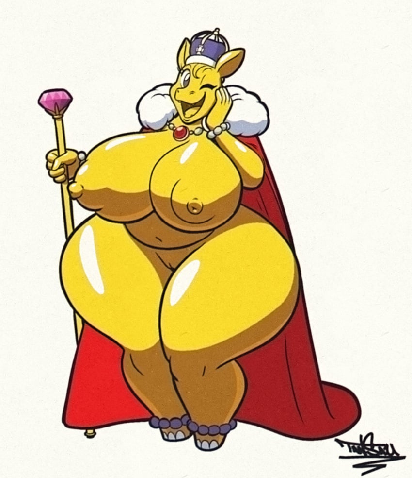 anthro areola big_breasts bracelet breasts cape clothing common_hippopotamus crown female genitals headgear hi_res hippopotamid holding_scepter huge_breasts huge_hips huge_thighs jewelry looking_at_viewer mammal nipples one_eye_closed pussy scepter solo tansau thick_thighs wide_hips yellow_areola yellow_body yellow_eyes yellow_nipples