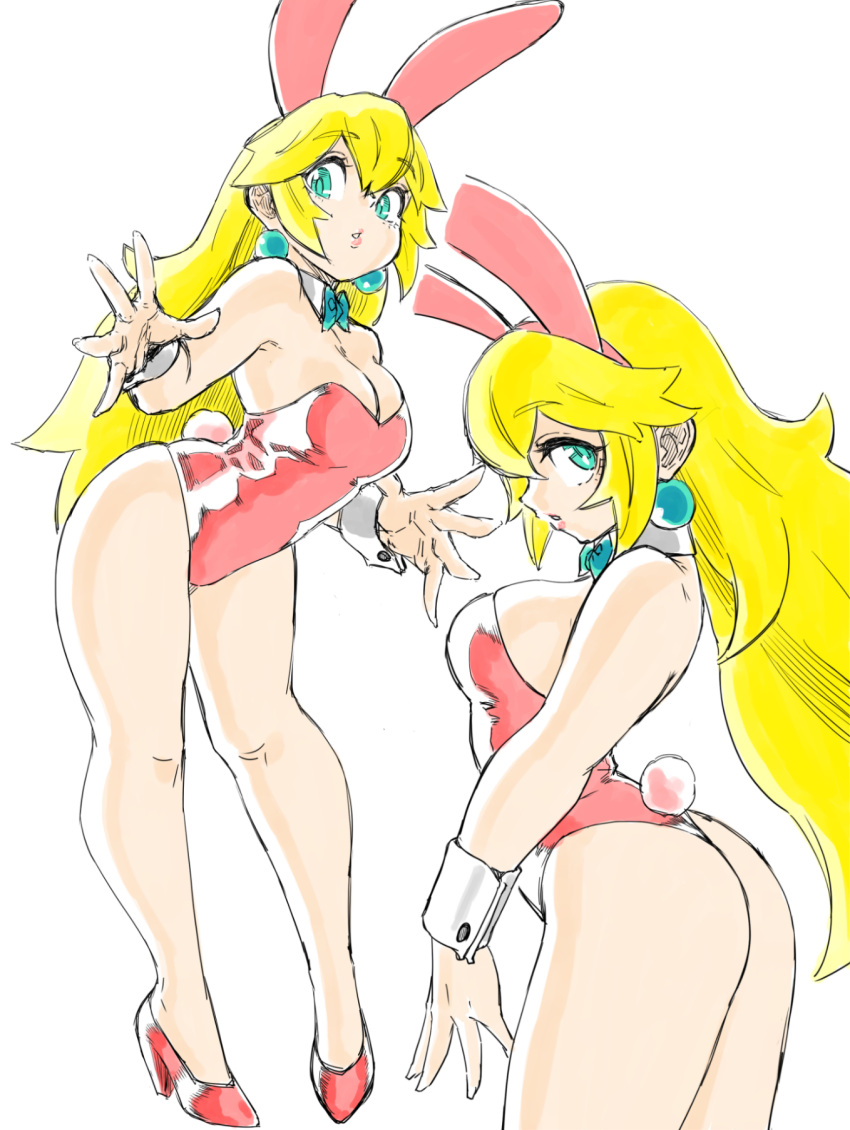 1girls animal_ears ass bare_legs breasts bunny_ears bunny_girl bunnysuit fake_animal_ears female female_only leotard mario_(series) multiple_views princess_peach simple_background solo standing toshinoshin00 white_background