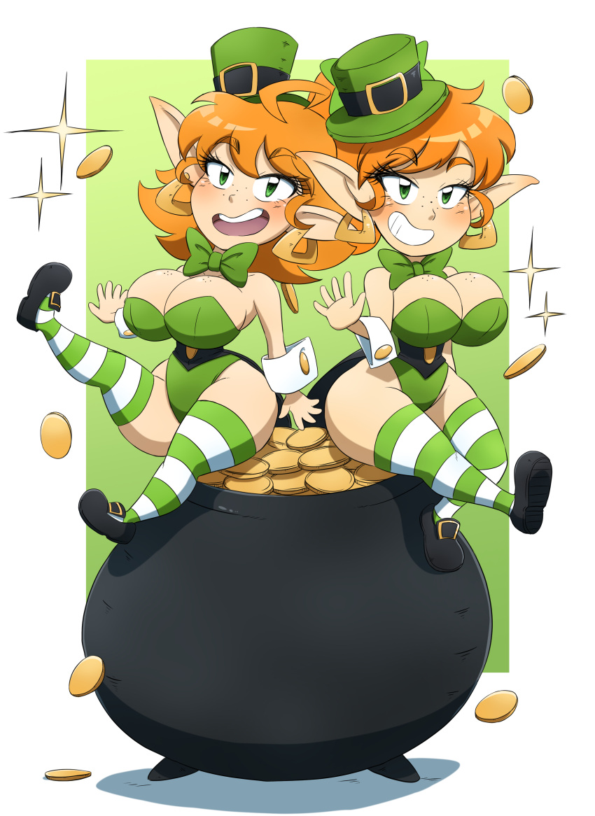 ahoge bean_smile breasts cleavage elf_ears green_eyes hi_res hoop_earrings kobi-tfs kobi_(kobi) large_ass large_breasts leotard leprechaun orange_hair pot_of_gold shortstack simple_background st._patrick's_day thick_thighs thighhighs valerie_(kobi)