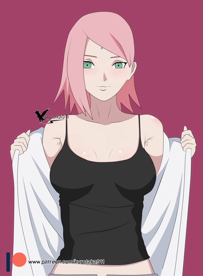 1girls agung911 alternate_hairstyle armpits blush boruto:_naruto_next_generations breasts cleavage coat female female_only green_eyes lab_coat long_hair looking_at_viewer mature mature_female milf naruto naruto_(series) official_alternate_hairstyle parted_bangs petite pink_hair robe sakura_haruno smile solo solo_focus taking_clothes_off tank_top undressing upper_body