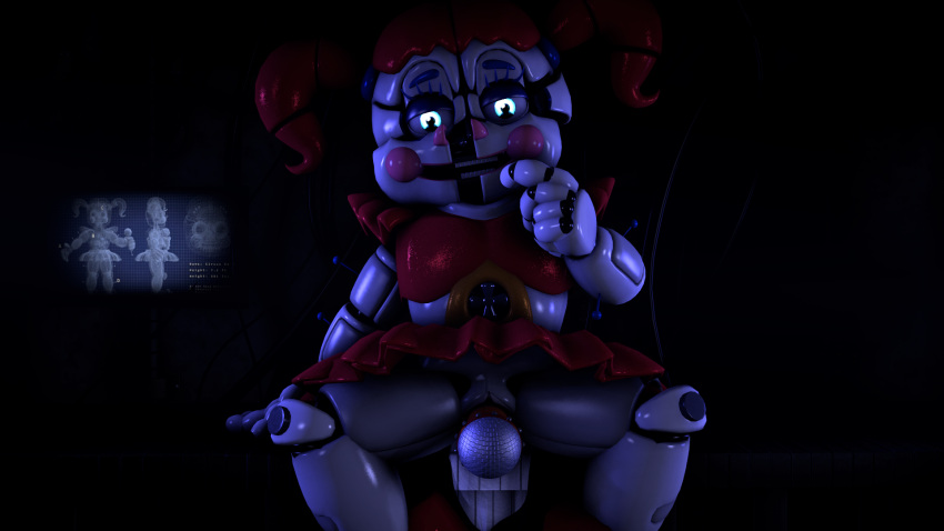 3d 3d_(artwork) animatronic baby_(fnafsl) blue_eyes canon_appearance circus_baby circus_baby_(fnaf) circus_baby_(original) clown clussy cum cumming dark_room female female_only five_nights_at_freddy's five_nights_at_freddy's:_sister_location full_color glowing glowing_eyes looking_at_viewer looking_back object_insertation pigtails pussy_ejaculation pussy_juice red_hair robot robot_girl sfm sister_location solo solo_female source_filmmaker trishsfm vaginal_insertion vaginal_masturbation vaginal_penetration