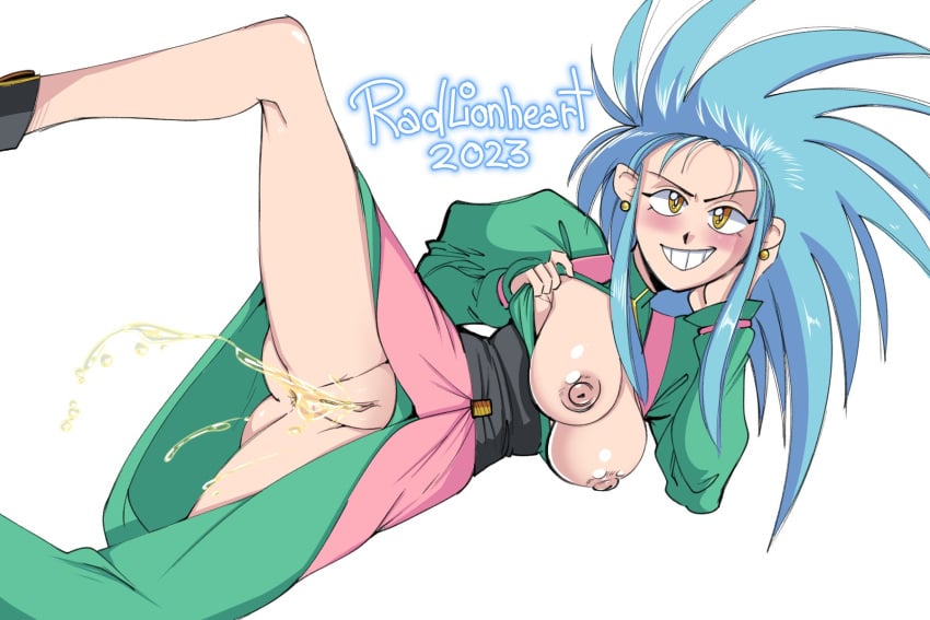 anus blue_hair breasts female flashing_breasts humanoid intentional_pants_wetting long_hair looking_at_viewer nipples one_leg_up peeing peeing_self pussy radlionheart ryoko_hakubi showing_breasts spread_legs tenchi_muyo! urinating urinating_female urination urine urine_stream watersports