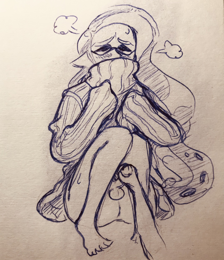 1boy blush clothed clothing eyelashes eyes_rolling_back femboy feminine_male handjob inkling inkling_boy levi_(oh_gosh_levi) long_hair male male_only mouth_covered oh_gosh_levi sensitive splatoon stroking_penis sweater sweater_dress sweater_only