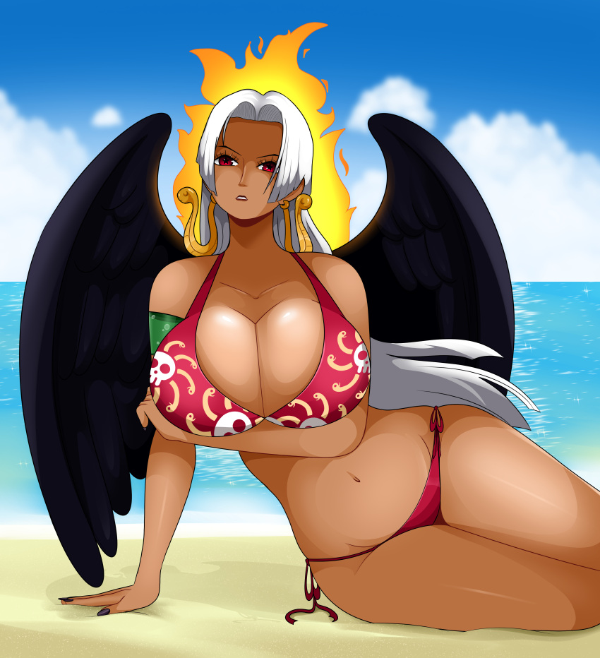 1girls aged_up beach big_breasts bikini black_wings boa_hancock breasts cleavage dark-skinned_female dark_skin earrings female female_only fire large_breasts lunarian on_side one_piece outdoors red_eyes s-snake_(one_piece) seraphim_(one_piece) solo sonson-sensei star-shaped_pupils white_hair wings