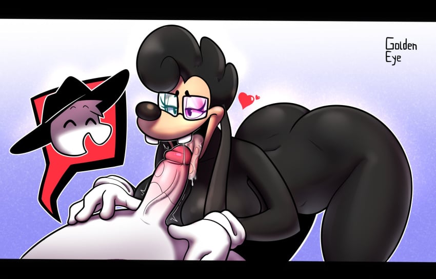 anthro ass balls bent_over big_butt black_body black_clothing black_fur black_hat black_headwear blob_creature bodily_fluids buckteeth canid canine canis clothing digital_media_(artwork) disney domestic_dog duo eyelashes eyewear fan_character fellatio female front_view fur genitals glasses gloves golde golde_(golde) goldeneyensfw goof_troop hands_on_legs handwear hat headgear headwear heart hi_res licking male mammal nebula_(toonsexual) oral penile penis penis_in_mouth penis_lick saliva sex smile teeth thick_thighs tongue tongue_out vein veiny_penis white_body white_clothing white_gloves white_handwear