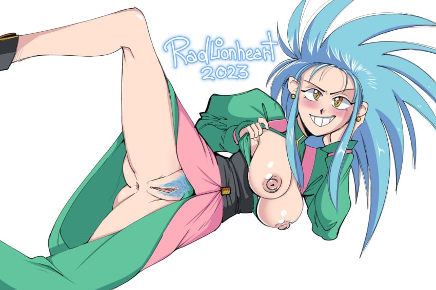 anus blue_hair breasts female flashing_breasts humanoid long_hair looking_at_viewer nipples one_leg_up pubic_hair pussy radlionheart ryoko_hakubi showing_breasts spread_legs tenchi_muyo! unshaved_pussy