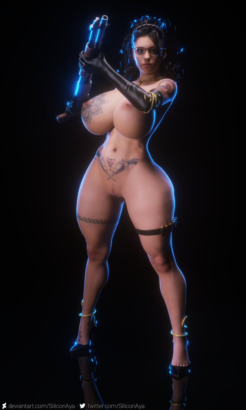 1girls 3d abs absurdres ass big_ass big_breasts breasts brown_eyes brown_hair capcom devil_may_cry devil_may_cry_5 elbow_gloves female female_only freckles glasses gloves gun_tattoo heels high_heels highres medium_breasts naked naked_female naked_footwear naked_gloves naked_heels nicoletta_goldstein nude nude_female pussy realistic shotgun siliconaya solo tattoo tattoo_on_arm tattoo_on_breast tattoo_on_legs tattoo_on_thigh tattooed_arm tattoos thick_thighs thighs vagina wide_hips