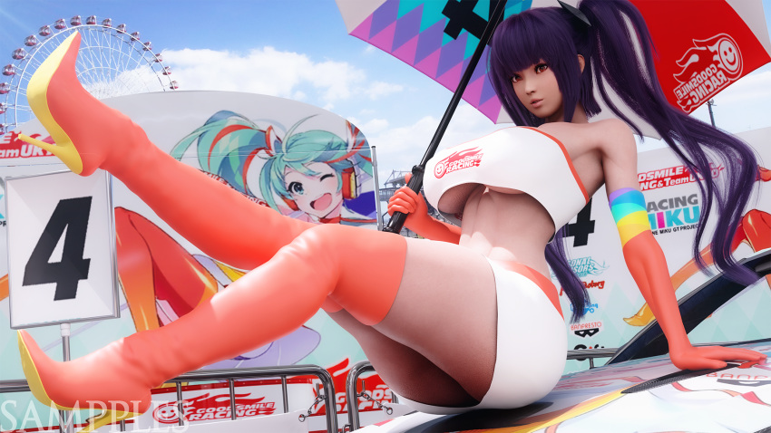 1girls 3d alternate_version_at_source alternate_version_available ayane_(doa) big_breasts breasts car cleavage clothed_female clothing dead_or_alive female goodsmile_racing holding_umbrella large_breasts legs_up looking_at_viewer purple_hair race_queen racing_miku sampples sitting_on_car skirt solo solo_female solo_focus twintails umbrella underboob