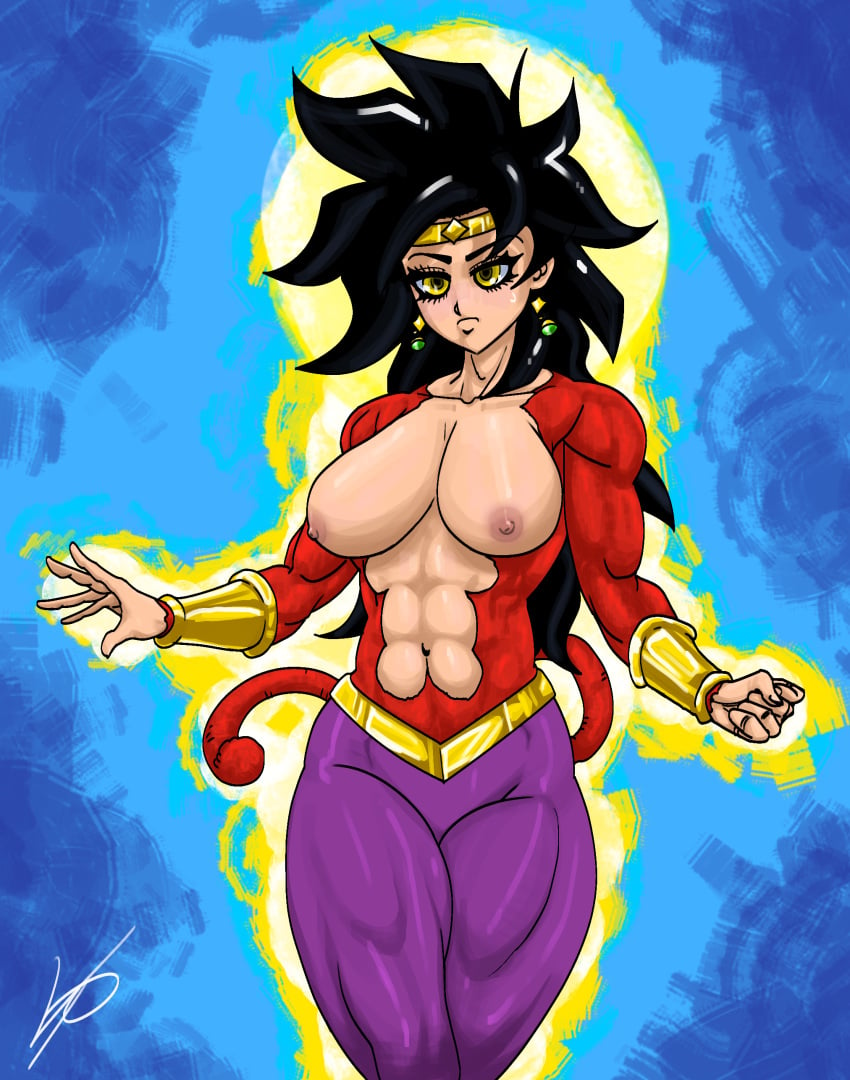 andromeda_(vpagonart) background black_hair blush breasts breasts_out dragon_ball dragon_ball_xenoverse earrings female_focus female_only goddess gold_jewelry headband leggings muscular muscular_female original_character pink_nipples red_fur saiyan super_saiyan_4 tail tight_pants transformation vpagonart yellow_eyes