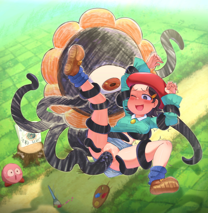 1girls 2022 absurd_res adeleine arms_up beret black_hair blush bound breasts clothing dark_matter enjoying female footwear hat hi_res kirby kirby_(series) kirby_64 large_insertion medium_breasts motion_lines nintendo one_eye_closed penetration peonymami sex skirt_lift smile spread_legs tentacle tentacle_sex vaginal_penetration watching wet