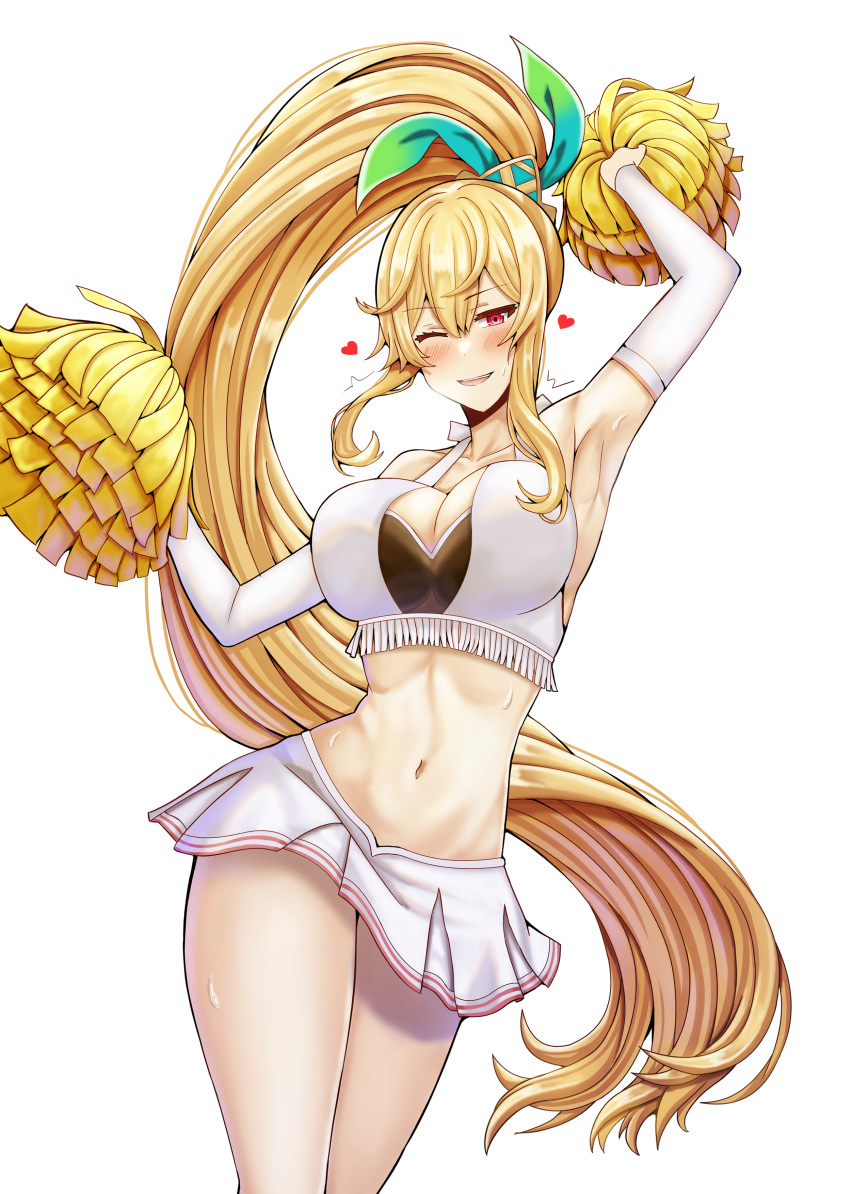 armpits blonde_female blonde_hair boob_window cheering cheerleader cheerleader_outfit cheerleader_uniform cleavage cygames dragalia_lost elisanne female female female_only heart large_breasts navel nintendo pom_poms ponytail saikunartworks smile sweat thighs white_background wink