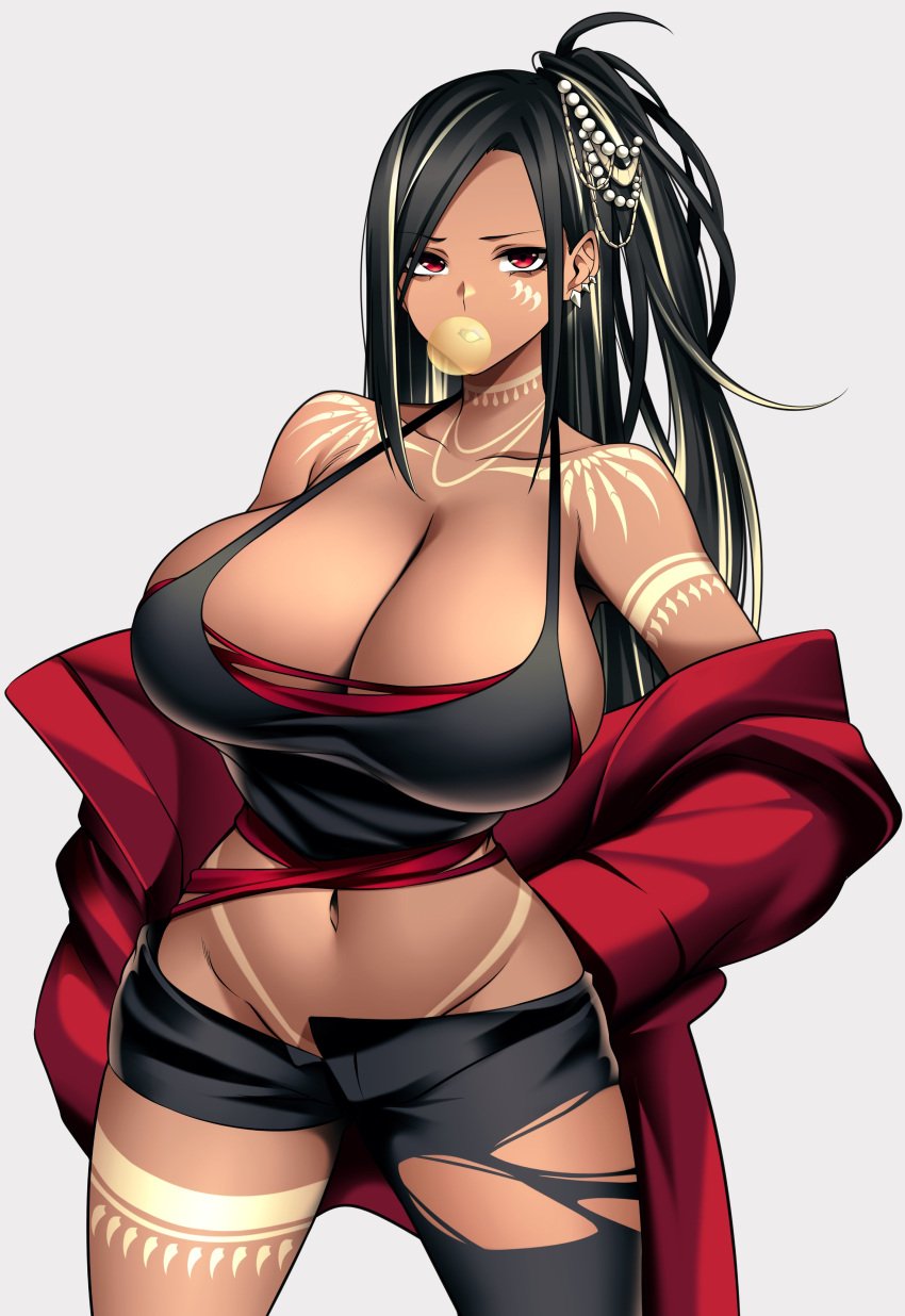 1girls 2022 2d 2d_(artwork) bare_shoulders big_breasts big_thighs blowing_bubblegum bodypaint boggy_(camui_kamui) breasts bubblegum busty camui_kamui_(hz_666v) cleavage clothed clothing dark_hair earrings female female_focus female_only hair_ornament hi_res highres hips hourglass_figure huge_breasts large_breasts large_thighs navel original red_eyes red_jacket shoulders sideboob slim_waist solo tan-skinned_female tan_skin tanned tanned_skin tattoo tattoos thick_thighs thighs torn_clothes torn_clothing voluptuous white_background wide_hips