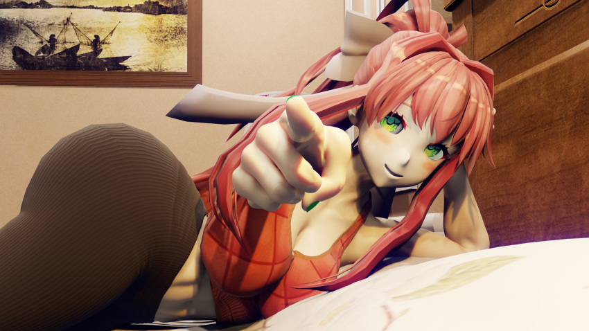 1girls 3d bed big_ass big_breasts boop brown_hair cute doki_doki_literature_club female female_only green_eyes kiro93591529 looking_at_viewer monika_(doki_doki_literature_club) on_side pants pointing pointing_at_viewer smile solo solo_female toned wholesome