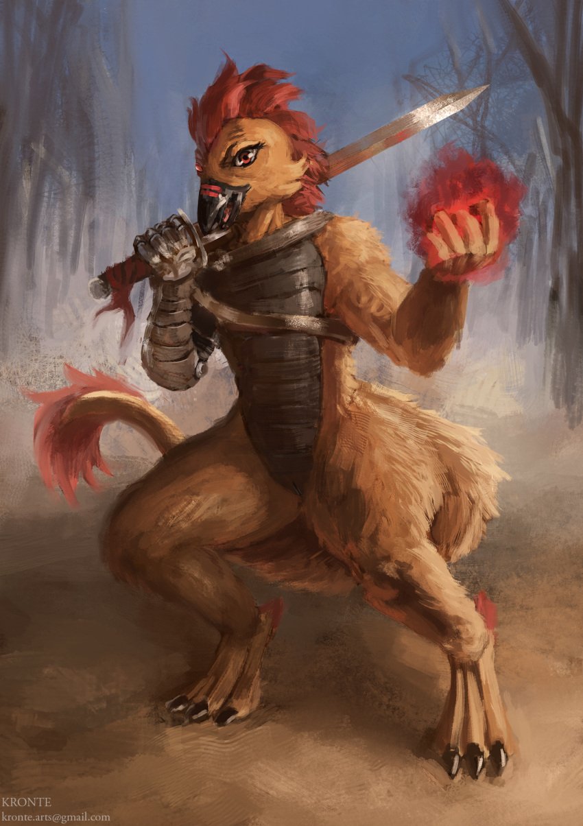 3_toes animal_genitalia anthro avian beak cockatrice elemental_manipulation european_mythology feathers feet fire fire_manipulation genital_slit genitals hi_res hybrid kobold kronte male melee_weapon metal_arm mythological_avian mythology scalie slit solo sword toes weapon