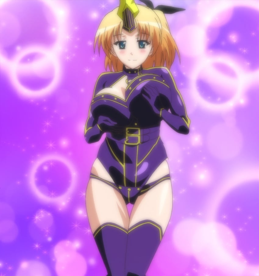 1girls accurate_art_style big_breasts blonde_hair blue_eyes bodysuit breast_grab busty cleavage dakara_boku_wa_h_ga_dekinai fukumune_iria hi_res horn large_breasts legs monster_girl ponytail screencap screenshot self_fondle sensual smile stitched thighs voluptuous