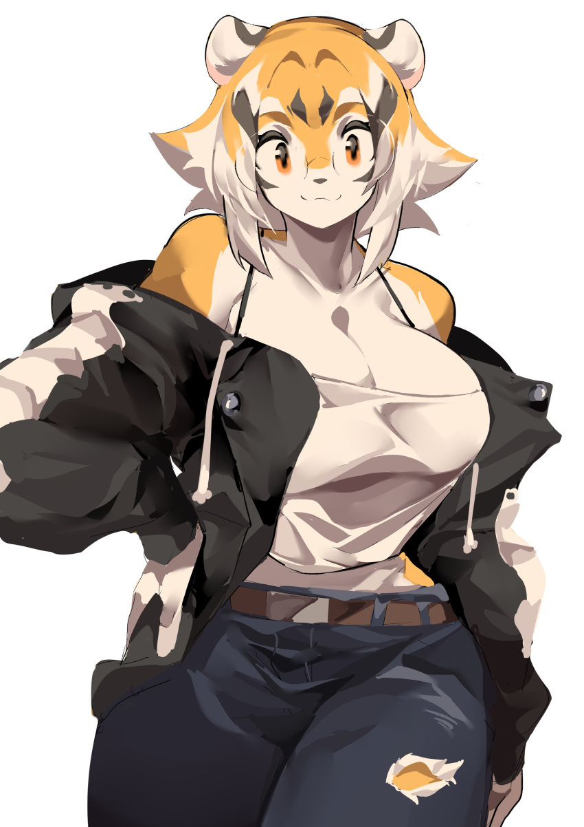 1girls amber_eyes anthro arknights aspirindabaitu big_breasts breasts cleavage female furry glasses mx99926 simple_background smile solo solo_female tank_top tiger tiger_girl waai_fu_(arknights) white_hair