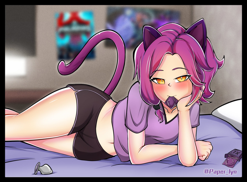 1girls alley_cat_maeve amber_eyes animal_ears animal_tail bedroom_eyes blush blushing_at_viewer buttplug cat_ears cat_eyes cat_tail clothed condom condom_in_mouth female female_only hi-rez_studios inviting inviting_to_sex jewel_buttplug kemonomimi laying_down laying_on_side light-skinned_female looking_at_viewer maeve_(paladins) mirklyd nekomimi on_bed paladins paper_lyn pink_hair princess_plug seductive shorts small_breasts solo solo_female tail thighs topwear wide_hips yellow_eyes