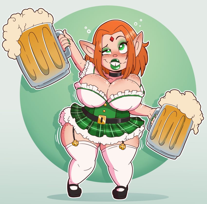 1girls barmaid bimbo bimbo_body bimbo_lip bimbo_lips bimbofied drink drunk female female_focus female_only freckles freckles_on_breasts freckles_on_face freckles_on_shoulders freckles_on_thighs holding_drink holding_object orange_hair pointy_ears short_hair shortstack simple_background smile solo standing thick_thighs wrenzephyr2