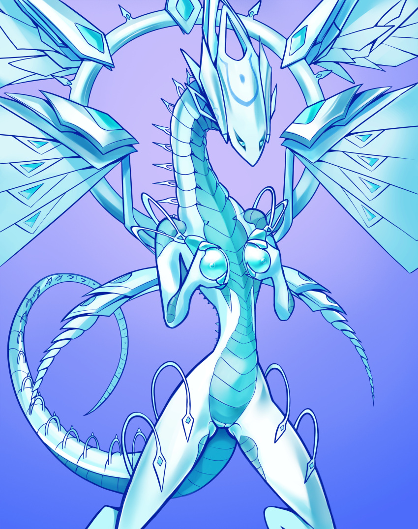 absurd_res anthro blue-eyes_white_dragon blue_body blue_eyes breasts claws crystal deep-eyes_white_dragon duel_monster female genitals glistening glistening_body glistening_eyes grabbing_own_breast hand_on_breast hi_res markings nipples pussy simple_background slim small_waist solo spikes standing tail white_body wings xzorgothoth yu-gi-oh!