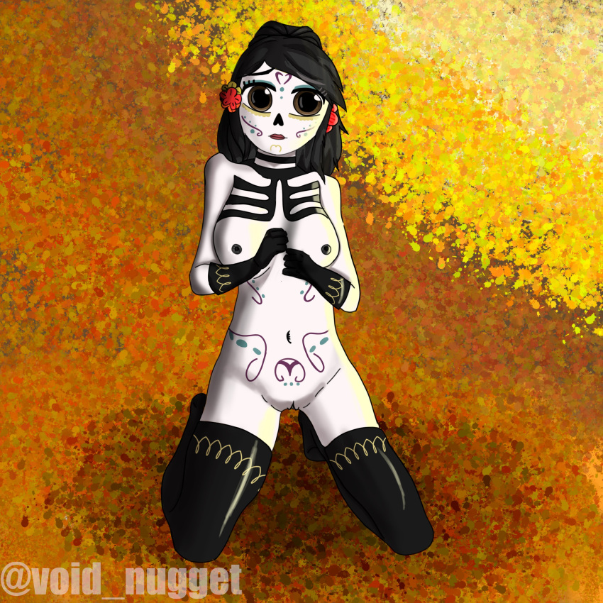 1girls absurdres artist_request black_hair bodypaint calavera completely_nude dia_de_los_muertos female full_body highres kneeling looking_at_viewer navel nipples non-web_source nude pussy uncensored