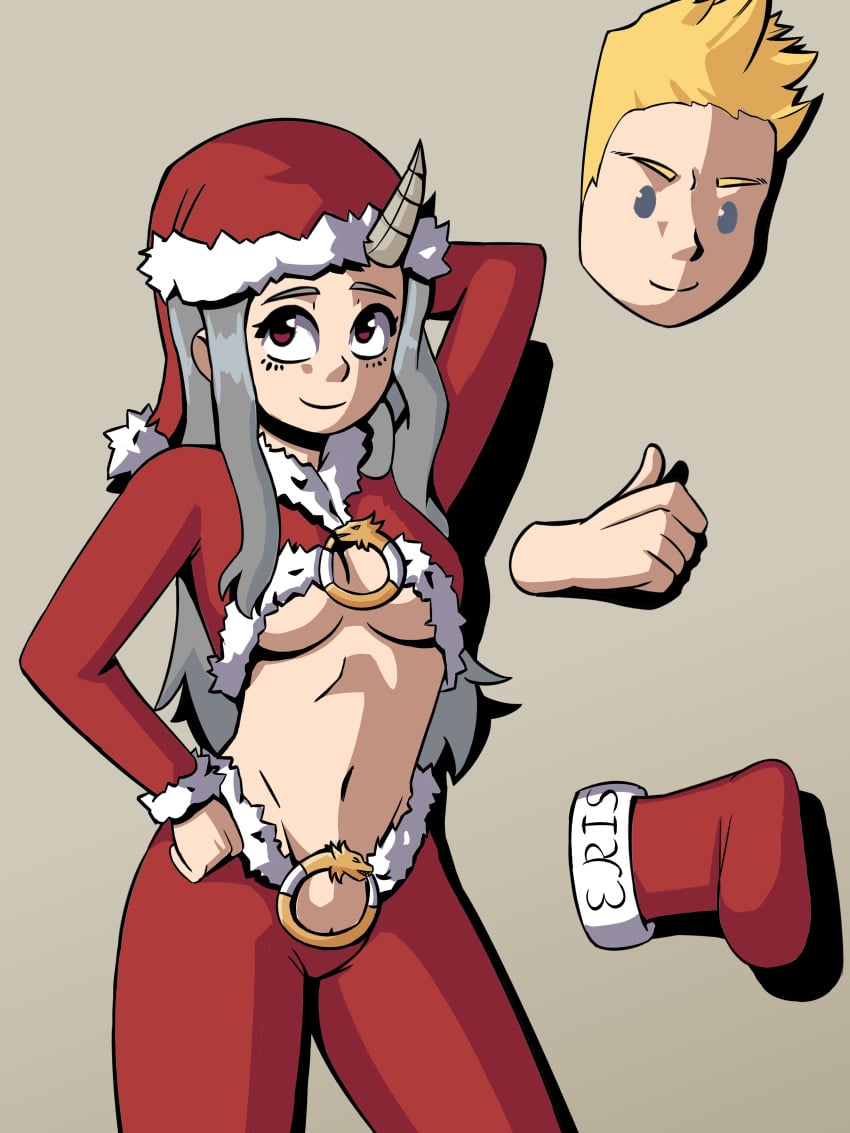 1girls aged_up christmas christmas_hat eri_(my_hero_academia) fanart feith_noir female grey_hair horns mirio_togata my_hero_academia nsfw thumbs_up