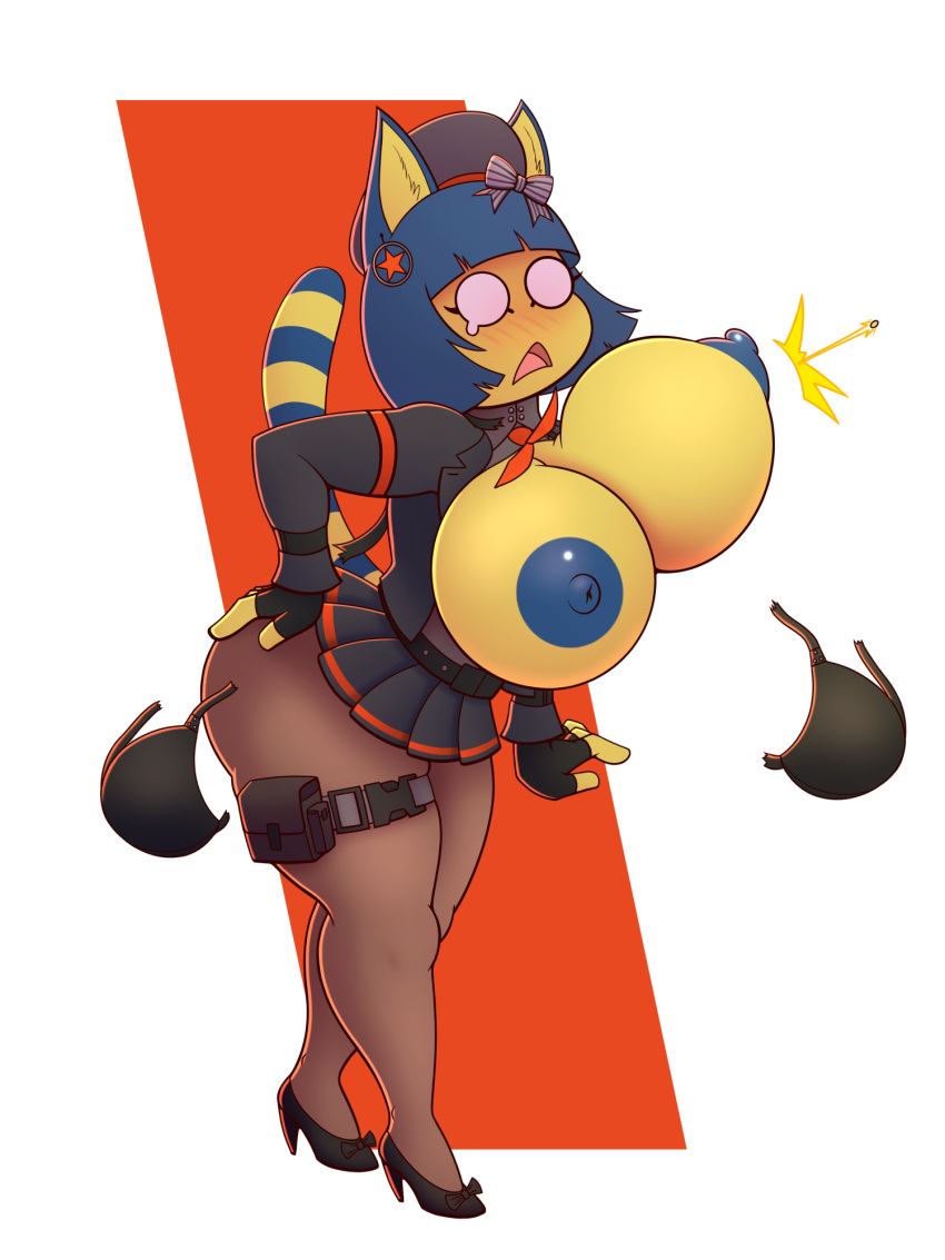 animal_crossing ankha ankha_(animal_crossing) anthro areola big_breasts blush blush_lines bottomwear breasts cat_girl clothed clothing dress exposed_breasts felid feline female footwear gloves goddess_of_victory:_nikke hand_on_butt handwear hi_res high_heels legwear mammal nintendo nipples pantyhose raki_boi shocked shocked_expression skirt solo wardrobe_malfunction