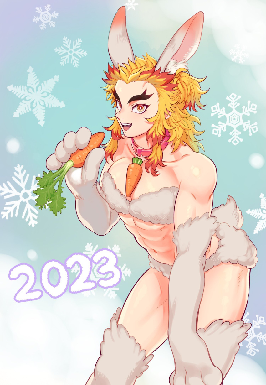 1boy 2023 abs ambush_(trap) animal_costume animal_ears animal_hands blonde_hair breasts carrot collar demon_slayer femboy forked_eyebrows happy_new_year highres kimetsu_no_yaiba long_hair male_focus marotoskin multicolored_hair navel otoko_no_ko rabbit_costume rabbit_ears rabbit_tails rengoku_kyoujurou solo thighhighs two-tone_hair year_of_the_rabbit