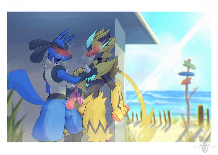 animal_genitalia animal_penis anthro balls beach blue_body blue_fur blush canid canine_genitalia canine_penis clenched_teeth closed_eyes day duo erection felid frottage fur generation_4_pokemon generation_7_pokemon genitals hand_spike hi_res legendary_pokemon lube_bottle lucario male male/male mammal nintendo nude outside penis pokemon pokemon_(species) sea seaside sex side_view standing sun sun_glare teeth tenebscuro water yellow_body yellow_fur zeraora