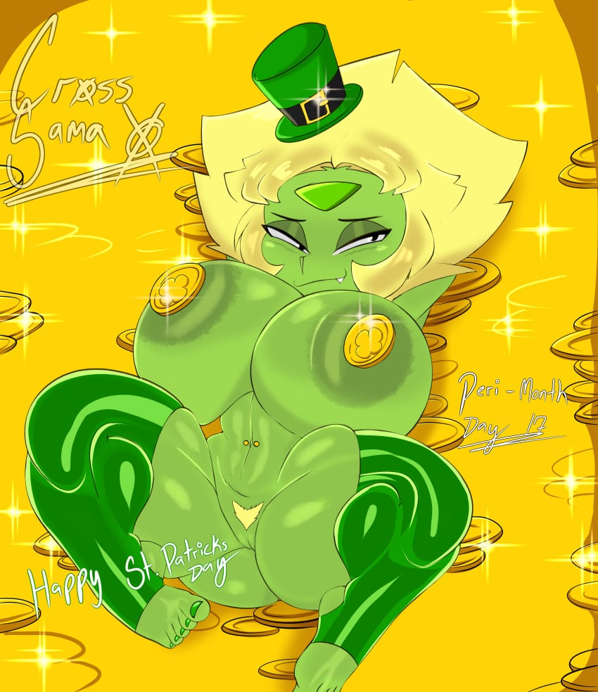 1girls 2d arms_up ass belly_piercing big_ass big_breasts blonde_hair breasts busty coins cross_samax female female_only gem_(species) gold gold_coin green_skin hands_behind_head huge_breasts large_breasts legs_apart looking_at_viewer lying lying_on_back nude nude_female peridot_(steven_universe) piercing pile_of_gold pussy smile solo st._patrick's_day steven_universe thick_thighs thighhighs wide_hips