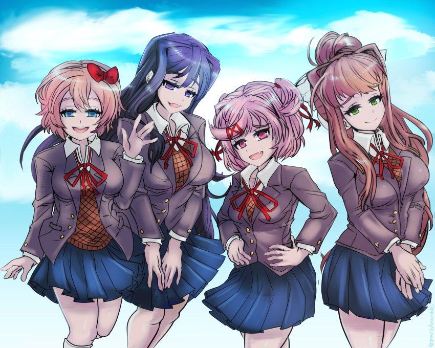 4girls bow brown_hair clothed comic doki_doki_literature_club female female_only gnarlybramble looking_at_viewer monika_(doki_doki_literature_club) natsuki_(doki_doki_literature_club) not_porn pink_hair purple_hair safe safe_for_work sayori_(doki_doki_literature_club) schoolgirl_uniform skirt smile standing strawberry_blonde_hair yuri_(doki_doki_literature_club)