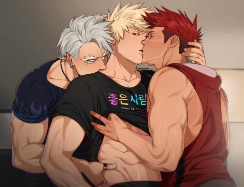 3boys abs before_sex biceps blonde_hair clothed eijirou_kirishima gay gay_kissing grabbing grabbing_from_behind grey_hair imminent_sex katsuki_bakugou kissing kissing_neck lifted_shirt looking_at_another looking_at_partner male/male/male male_focus male_only muscular muscular_arms muscular_male my_hero_academia necklace piercing red_hair riffraff riffraffhellyea rings tetsutetsu_tetsutetsu threesome toned toned_male tongue_kiss touching_nipples trio undressing waist_grab yaoi