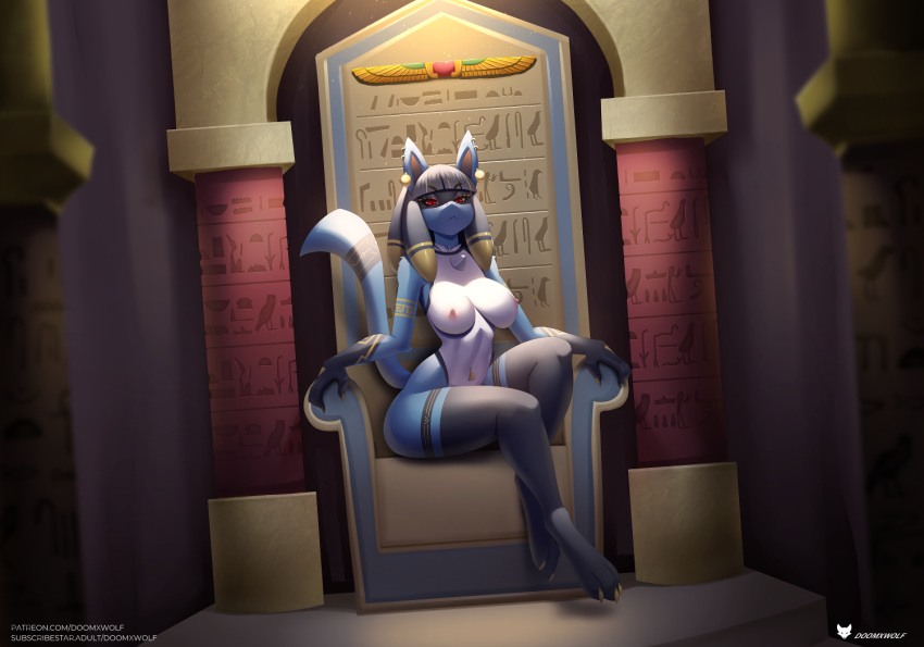 anthro blue_body blue_fur breasts canid chair doomthewolf ear_piercing ear_ring female fur furniture generation_4_pokemon hair looking_at_viewer lucario mammal navel navel_piercing nintendo nipples nubia_(vulfox) piercing pokemon pokemon_(species) red_eyes ring_piercing sitting solo throne under