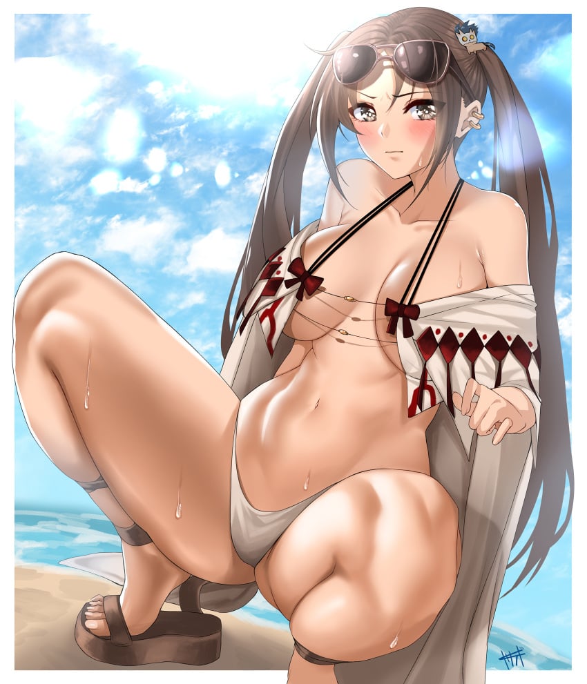 1girls absurdres beach blue_sky breasts brown_eyes brown_hair cleavage collarbone day earrings eyewear_on_head fate/grand_order fate_(series) female hair_ornament highres jewelry kisaragi_tsurugi large_breasts legs long_hair multiple_earrings navel off_shoulder open_clothes photoshop_(medium) robe sandals sky solo spread_legs squatting sunglasses twintails very_long_hair yu_mei-ren_(fate) yu_mei-ren_(swimsuit_lancer)_(fate)