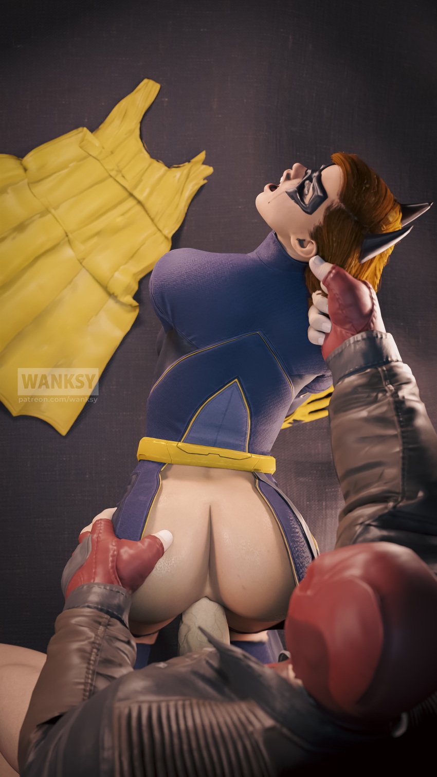 3d ass ass_grab barbara_gordon batgirl batgirl_(gotham_knights) batman_(series) big_ass dc dc_comics doggy_style gotham_knights hair_pull jason_todd large_ass looking_pleasured male penis red_hair red_hood_(dc) superheroine vaginal_penetration wanksy wide_hips