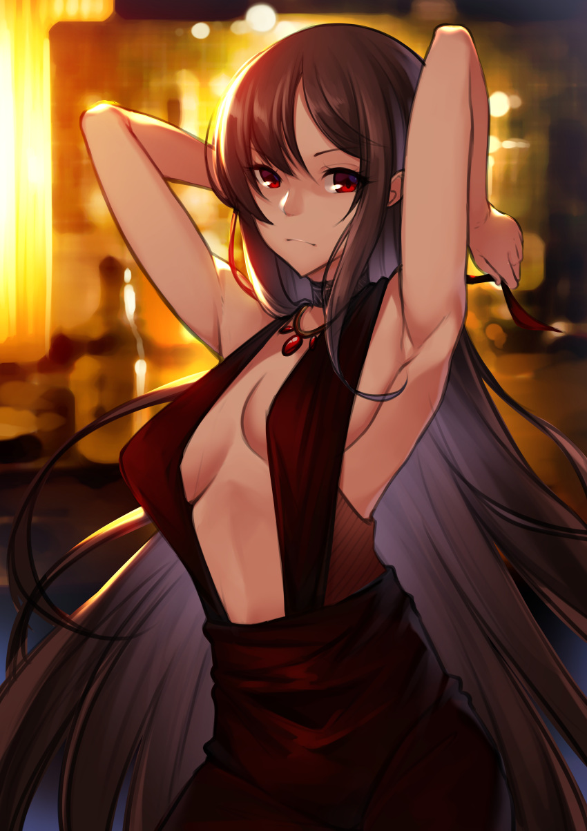 absurdres armpits arms_up blurry breasts breasts_apart brown_hair depth_of_field fate/grand_order fate_(series) female highres jewelry long_hair looking_at_viewer medium_breasts necklace nekosama_shugyouchuu red_eyes solo tying_hair very_long_hair yu_mei-ren_(fate)