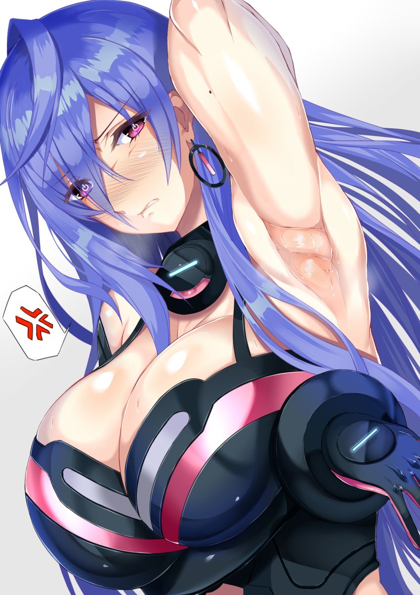 1girls annoyed arm_under_breasts arm_up armpits big_breasts cleavage close-up clothed_female collar cpu_(neptunia) earrings eye_visible_through_hair female_only goddess hand_behind_head ill_(0022) iris_heart large_breasts light-skinned_female long_hair looking_away neptunia_(series) pink_eyes plutia power_symbol-shaped_pupils purple_hair shiny_breasts shiny_skin solo straight_hair sweaty_armpits teeth_showing