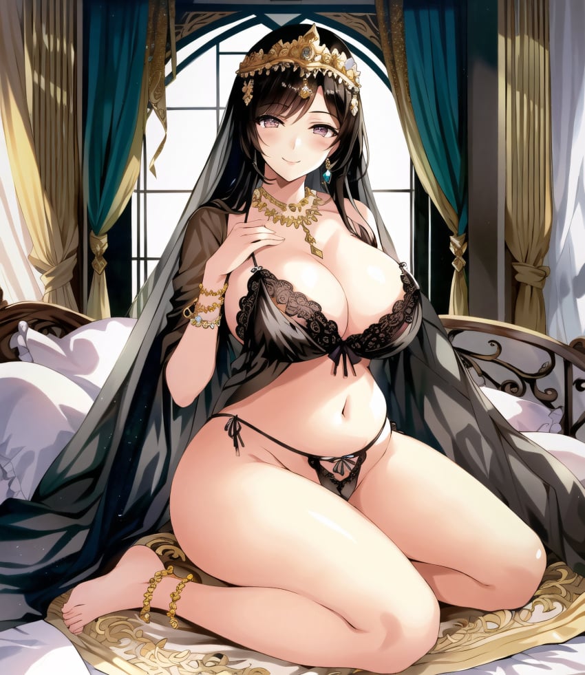 1girls ai_generated curvaceous curvy_female female_focus female_only golden_crown high_resolution huge_breasts lingerie on_bed stable_diffusion underwear veil voluptuous voluptuous_female