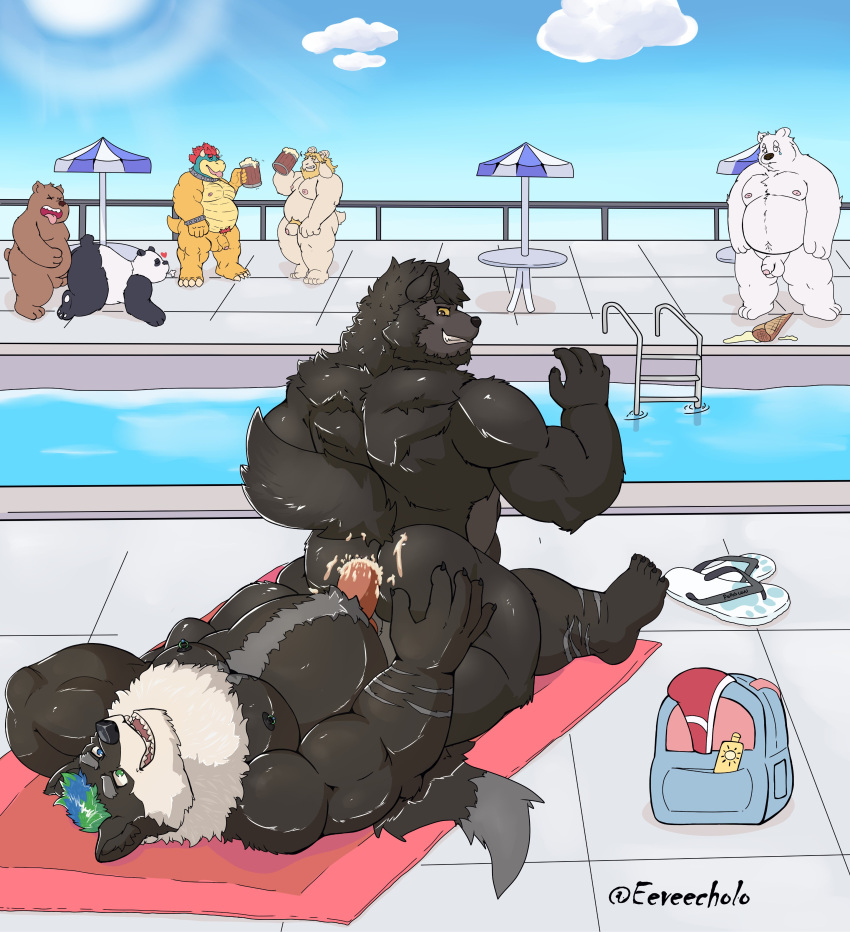 6+boys 7boys absurd_res adoptive_siblings anthro asgore_dreemurr barazoku bear bodily_fluids bowser cum cum_inside duo eeveecholo gay genital_fluids grizzly_(wbb) hi_res incest lobo male male/male mammal mario_(series) musclegut muscular muscular_male nintendo outdoors panda_(wbb) poolside public slightly_chubby undertale_(series)