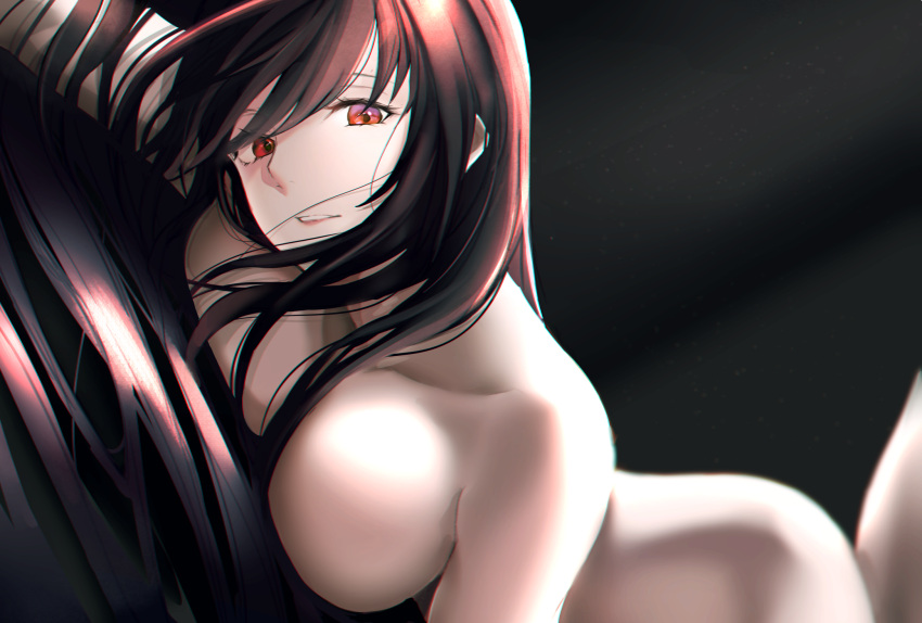 breasts brown_hair colored_skin dark_background fate/grand_order fate_(series) female head_tilt highres kisaragi_chiyuki large_breasts long_hair looking_at_viewer lying nude on_stomach parted_lips red_eyes simple_background solo white_skin yu_mei-ren_(fate)