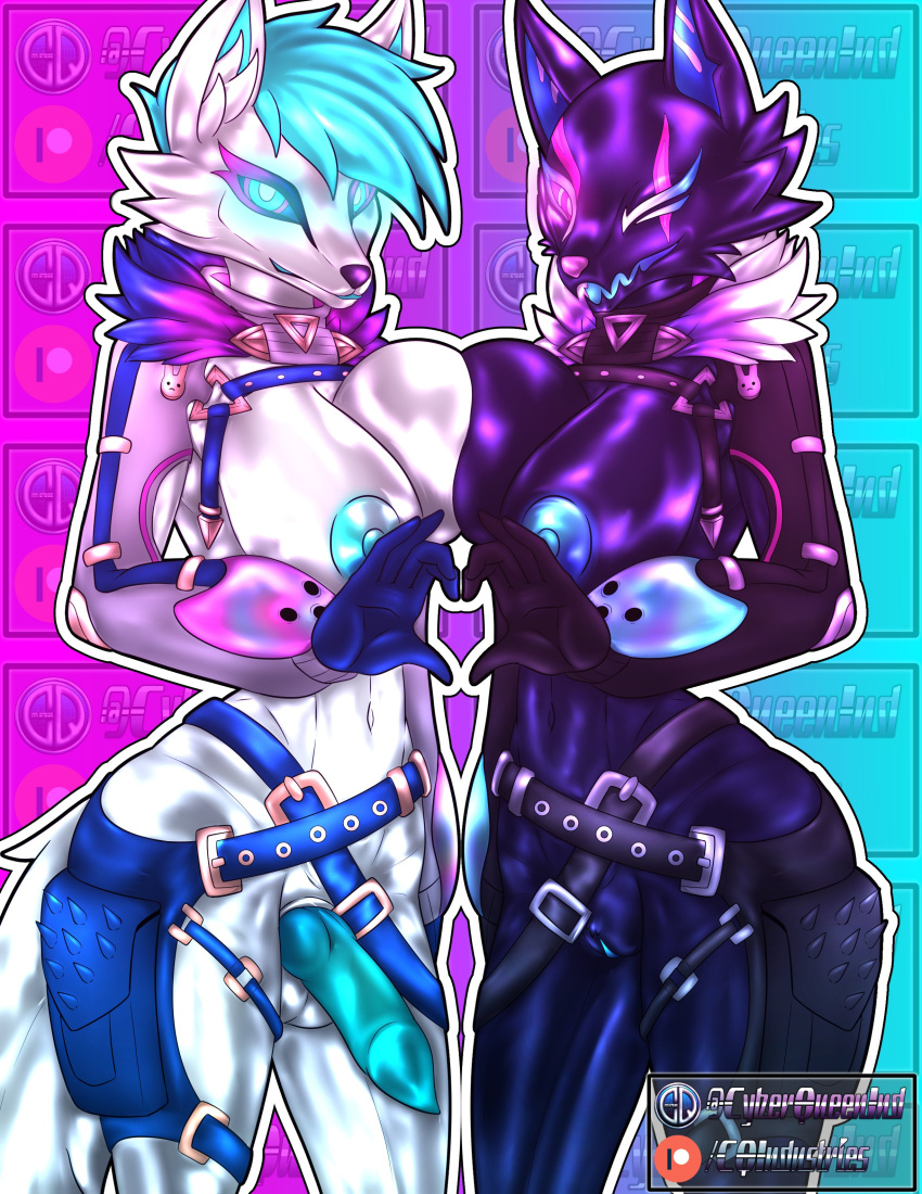 1futa 1girls \r\nwinking_at_viewer absurd_res anthro areola black_body breast_squish breast_to_breast breast_touch breasts canid canine canis clothing cyberqueenindustries duo epic_games fan_character female fortnite fox fur_trim futanari genitals gesture glistening glistening_body glowing glowing_eyes hand_heart herm hi_res highwire_(fortnite) intersex intersex/female knot latex looking_at_viewer mammal mostly_nude nipples one_eye_closed open_mouth pack_leader_highwire penis squish standing white_body wink wolf wolf_girl