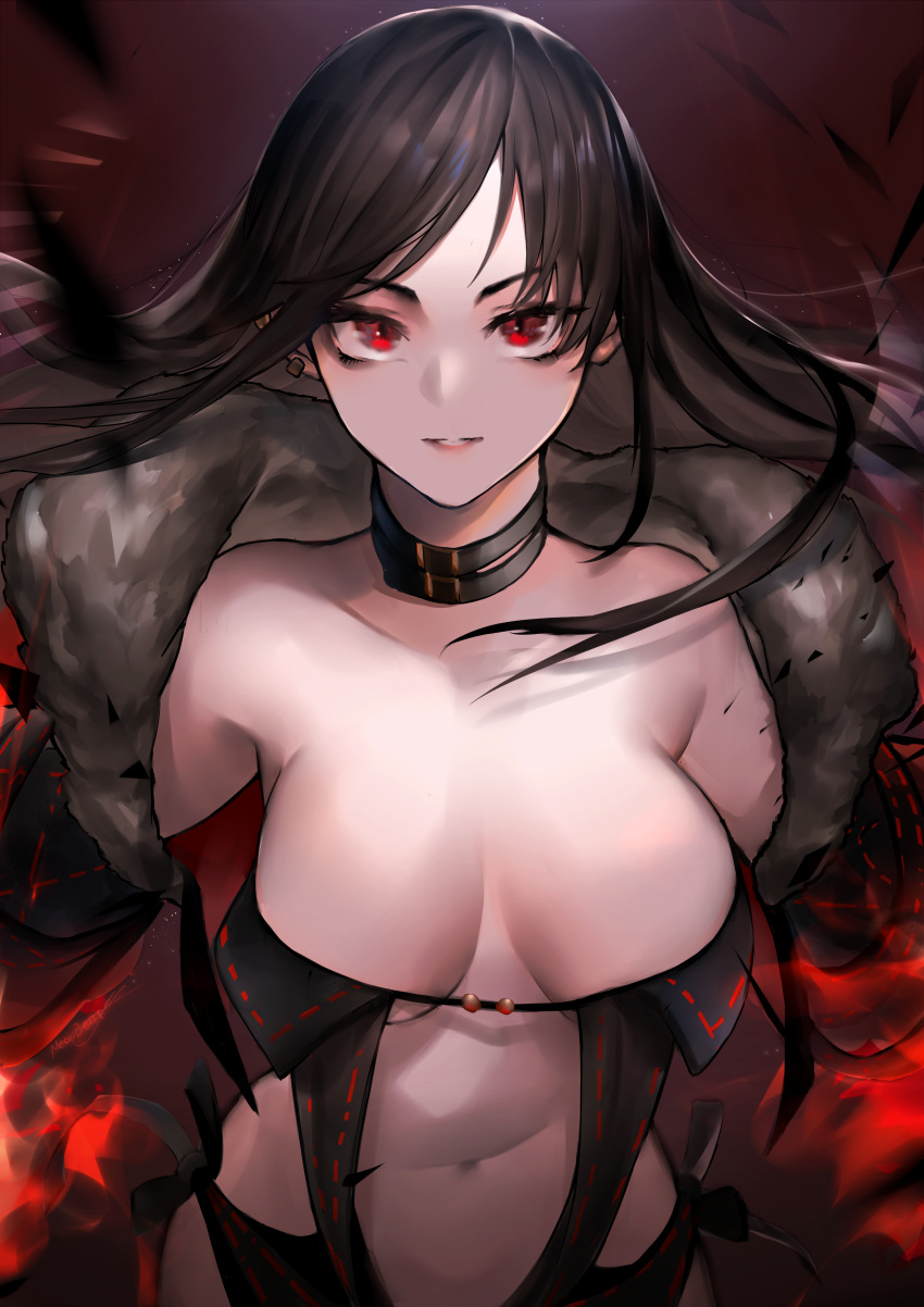 absurdres bare_shoulders black_dress breasts brown_hair center_opening choker cleavage collarbone commentary_request dress fate/grand_order fate_(series) female fur_trim highres jewelry large_breasts long_hair looking_at_viewer navel neonbeat parted_lips red_eyes solo stomach strapless strapless_dress yu_mei-ren_(fate)